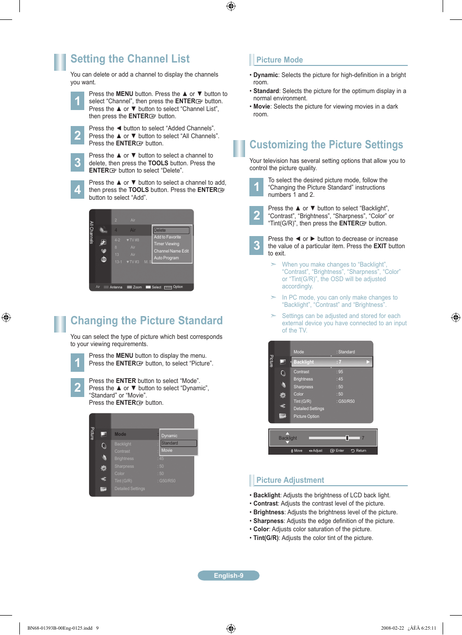 Setting the channel list, Changing the picture standard, Customizing the picture settings | Picture mode, Picture adjustment | Samsung LN40A530P1FXZA User Manual | Page 9 / 12