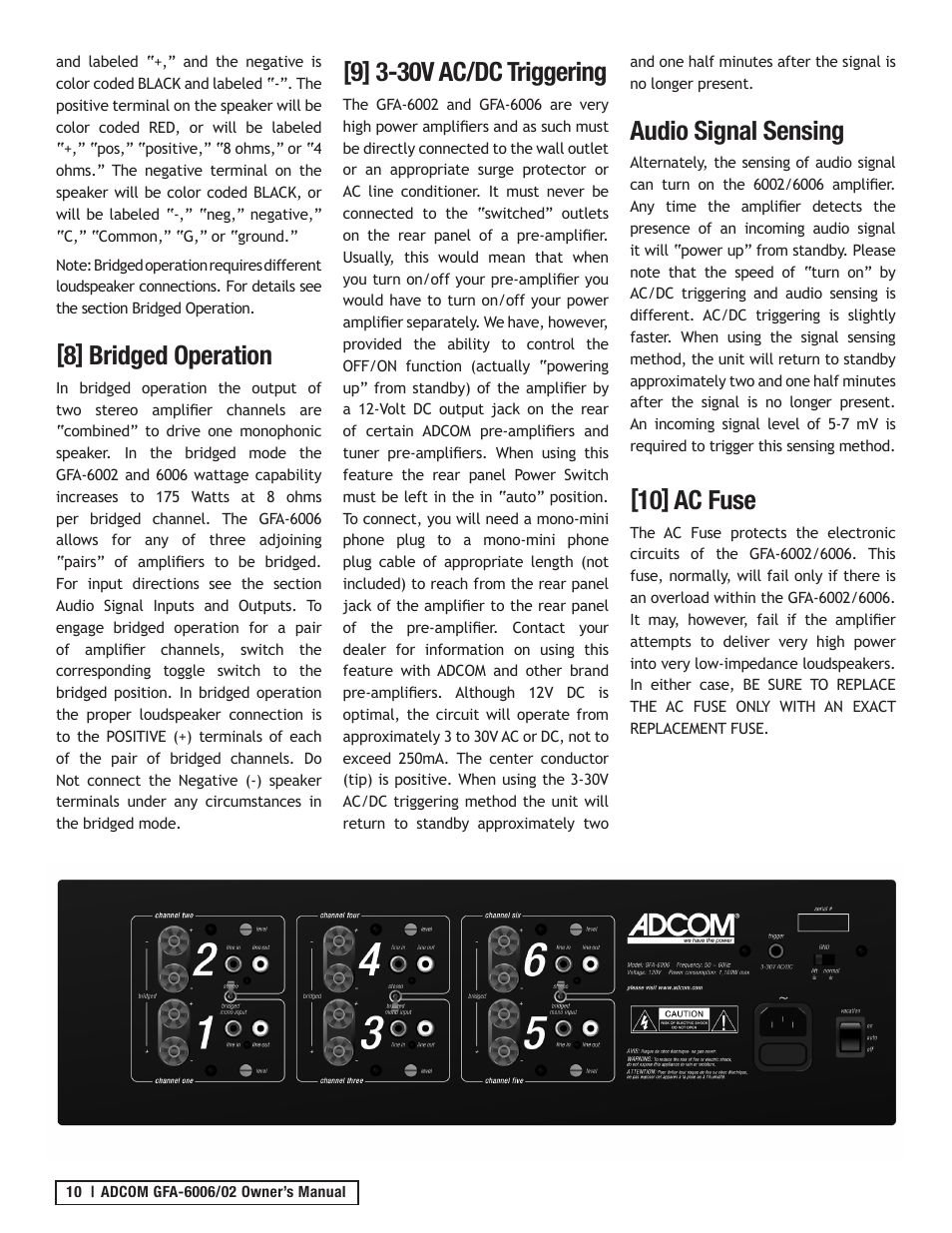 8] bridged operation, 9] 3-30v ac/dc triggering, Audio signal sensing | 10] ac fuse | Adcom GFA-6006 User Manual | Page 10 / 16