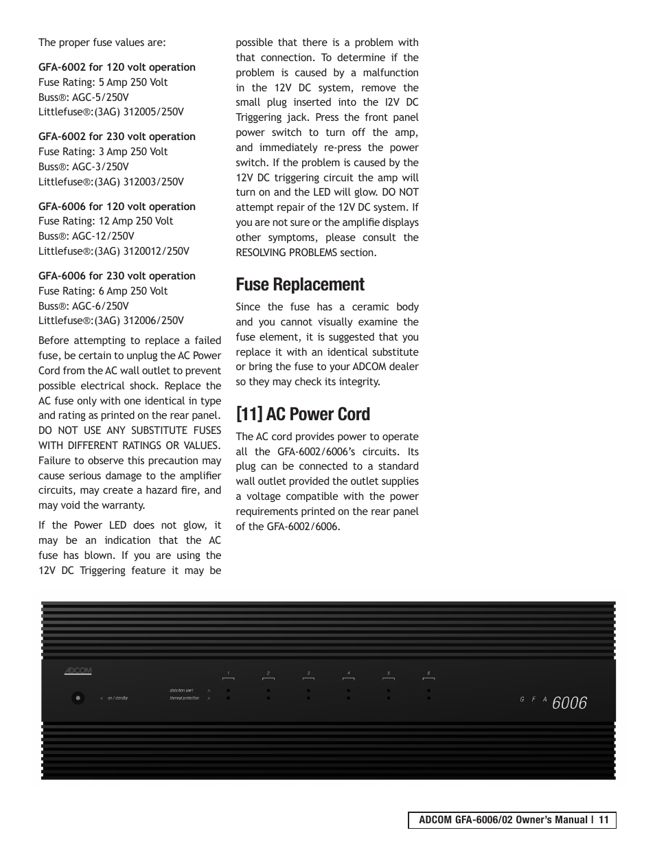 Fuse replacement, 11] ac power cord | Adcom GFA-6006 User Manual | Page 11 / 16