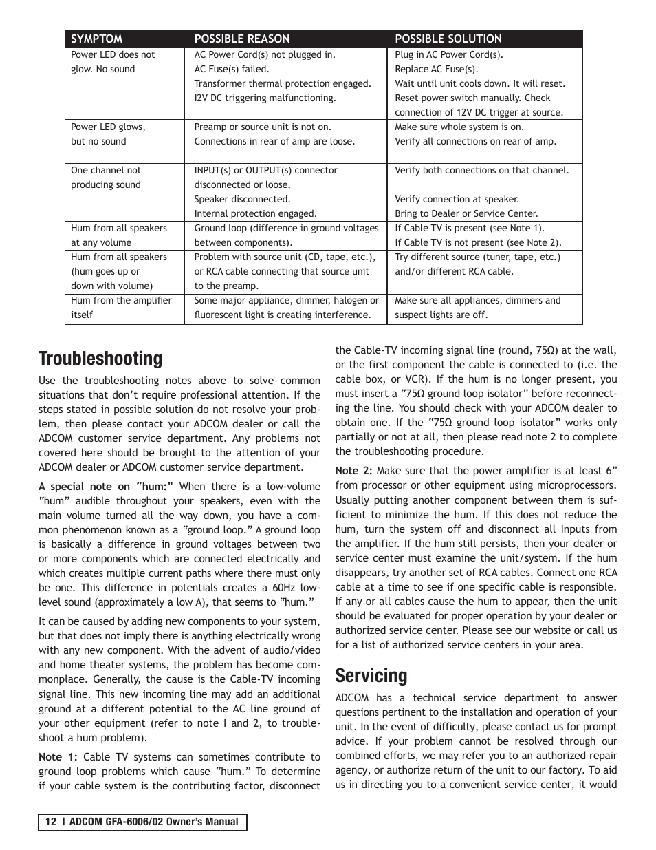 Troubleshooting, Servicing | Adcom GFA-6006 User Manual | Page 12 / 16