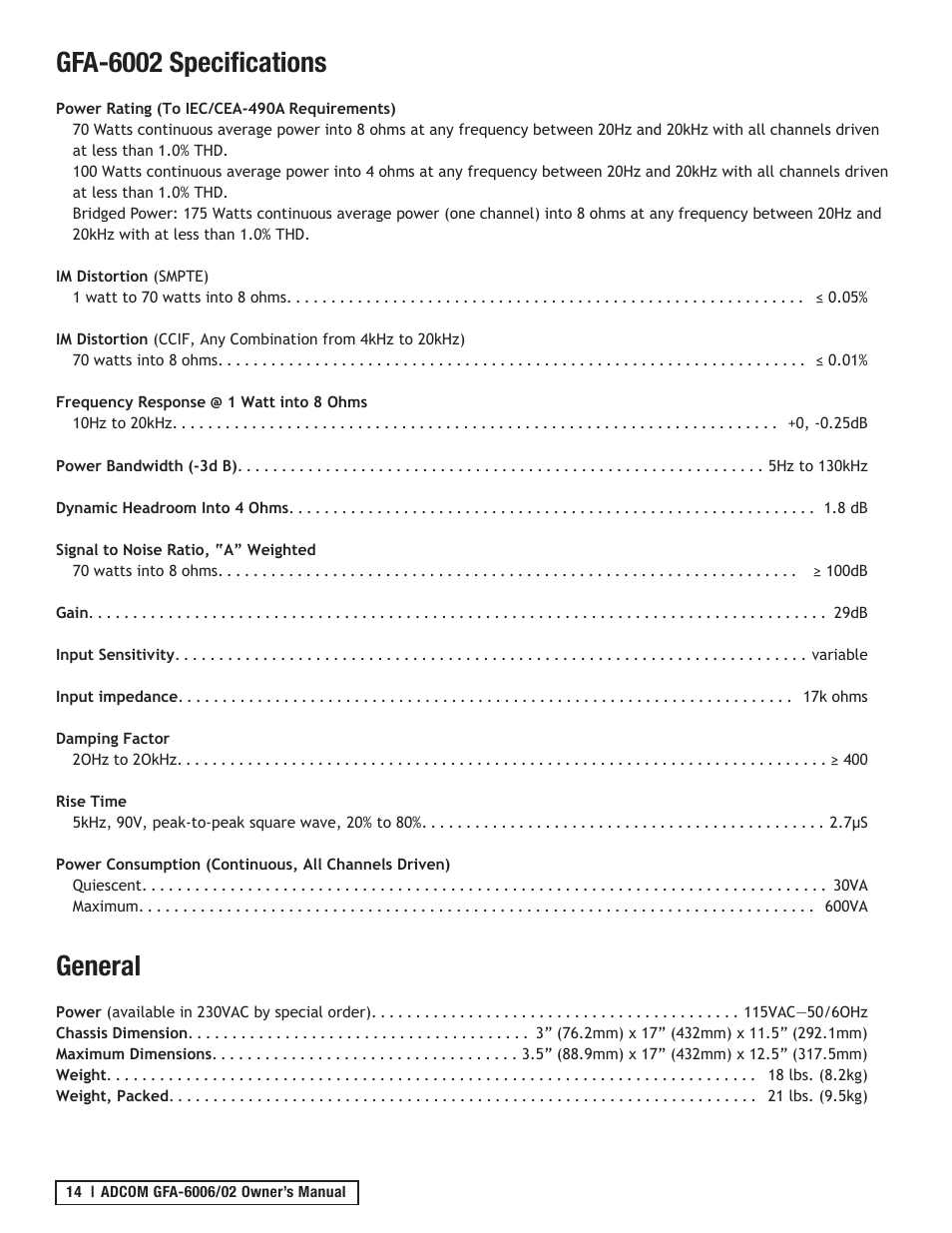 Gfa-6002 specifications, General | Adcom GFA-6006 User Manual | Page 14 / 16