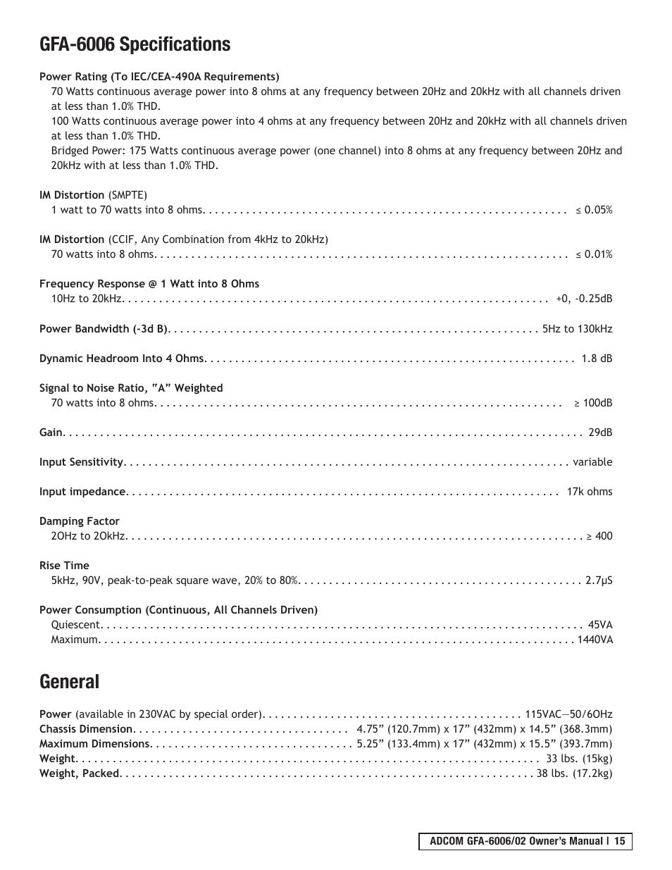 Gfa-6006 specifications, General | Adcom GFA-6006 User Manual | Page 15 / 16