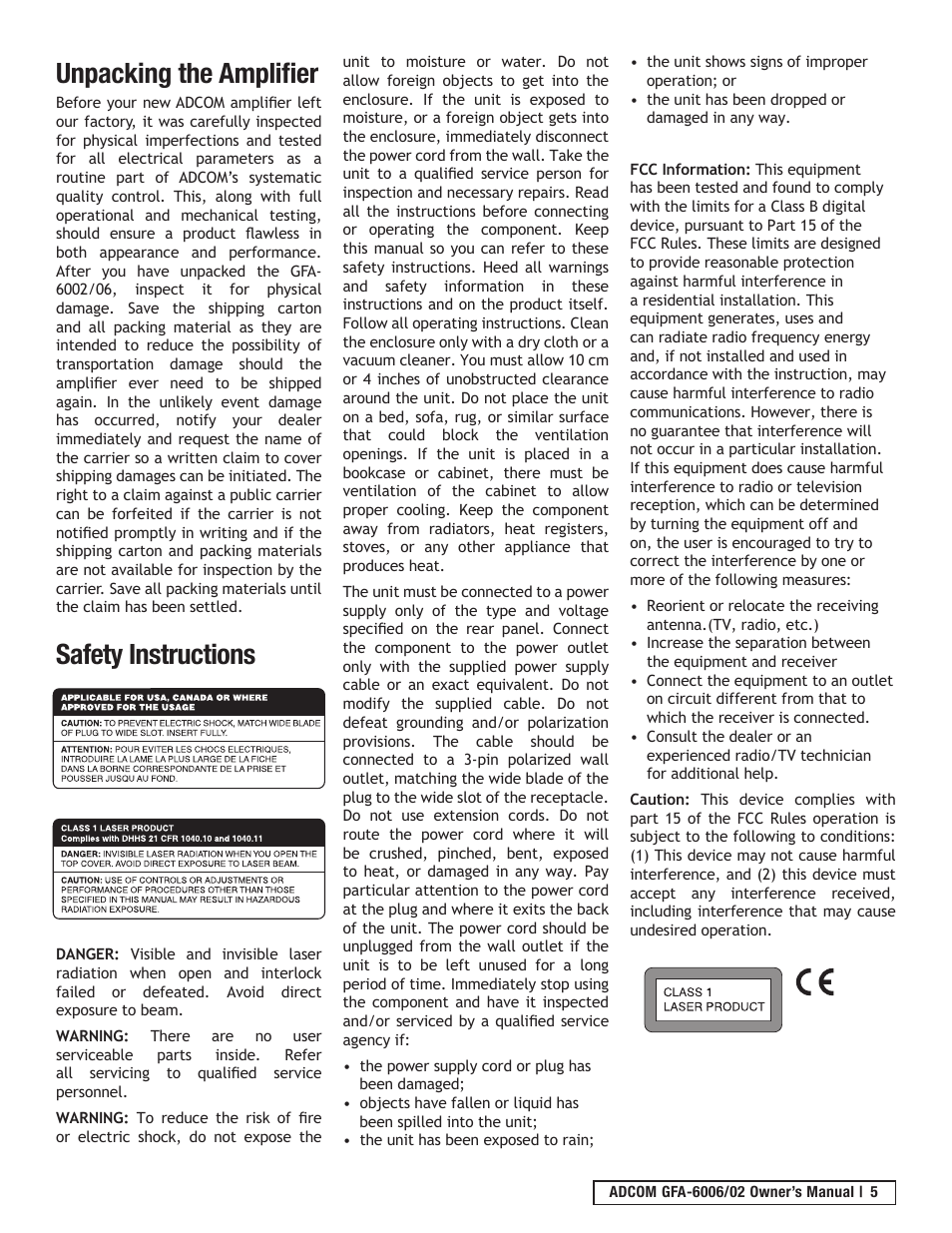 Unpacking the amplifier, Safety instructions | Adcom GFA-6006 User Manual | Page 5 / 16