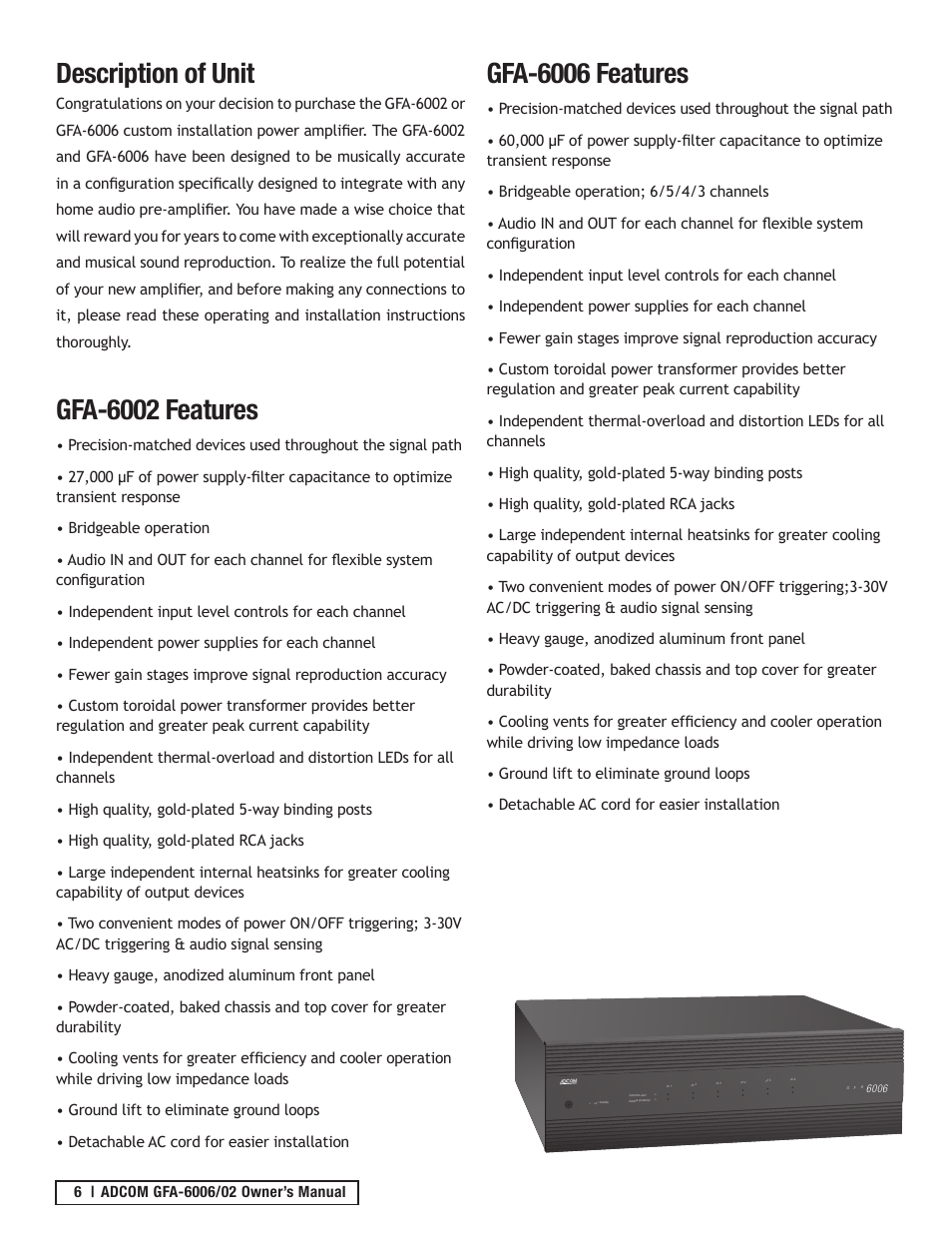 Description of unit, Gfa-6002 features, Gfa-6006 features | Adcom GFA-6006 User Manual | Page 6 / 16