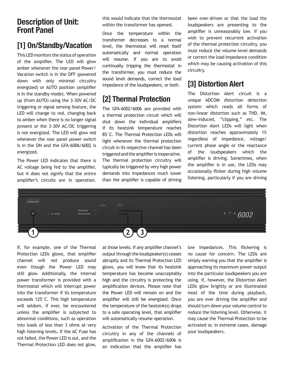 Description of unit: front panel, 1] on/standby/vacation, 2] thermal protection | 3] distortion alert | Adcom GFA-6006 User Manual | Page 8 / 16