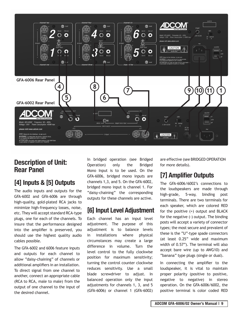 Description of unit: rear panel, 4] inputs & [5] outputs, 6] input level adjustment | 7] amplifier outputs | Adcom GFA-6006 User Manual | Page 9 / 16