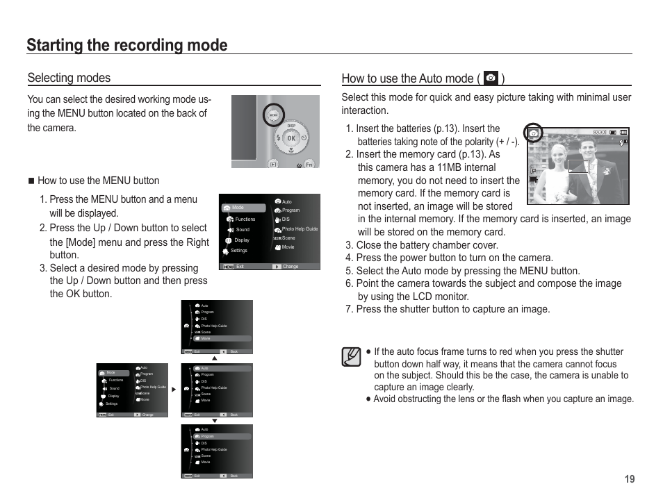 Starting the recording mode, How to use the auto mode ( ), Selecting modes | Samsung EC-SL30ZBBA-US User Manual | Page 20 / 98