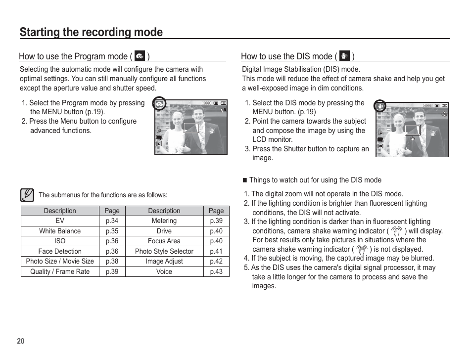 Starting the recording mode | Samsung EC-SL30ZBBA-US User Manual | Page 21 / 98