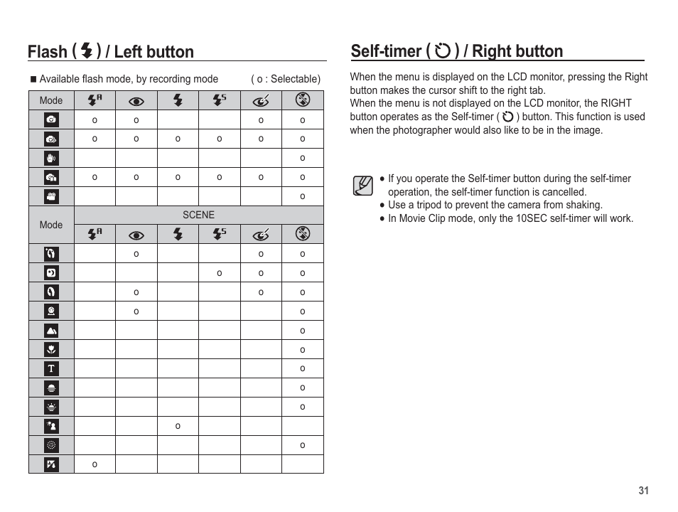 Flash ( ) / left button, Self-timer ( ) / right button | Samsung EC-SL30ZBBA-US User Manual | Page 32 / 98