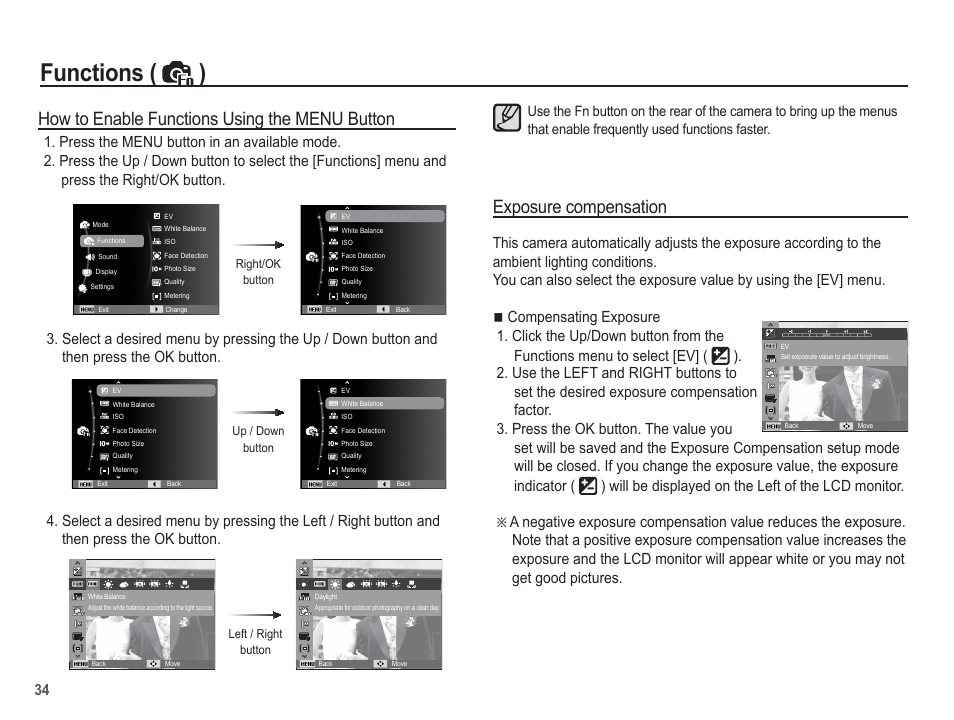 Functions ( ), Exposure compensation, How to enable functions using the menu button | Samsung EC-SL30ZBBA-US User Manual | Page 35 / 98