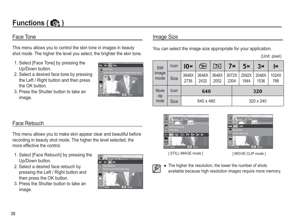 Functions ( ), Face tone, Face retouch | Image size | Samsung EC-SL30ZBBA-US User Manual | Page 39 / 98