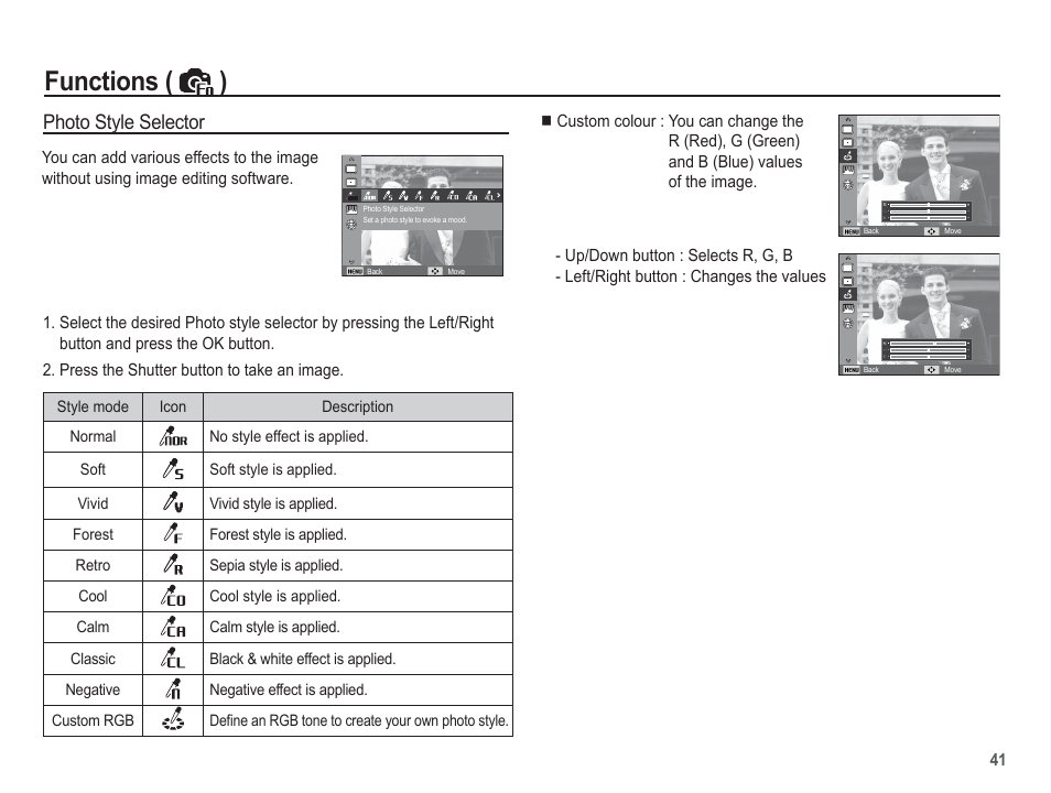 Functions ( ), Photo style selector | Samsung EC-SL30ZBBA-US User Manual | Page 42 / 98