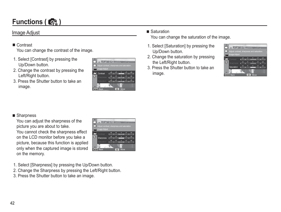 Functions ( ), Image adjust | Samsung EC-SL30ZBBA-US User Manual | Page 43 / 98