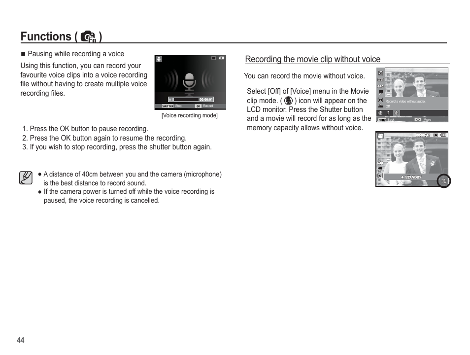 Functions ( ), Recording the movie clip without voice | Samsung EC-SL30ZBBA-US User Manual | Page 45 / 98