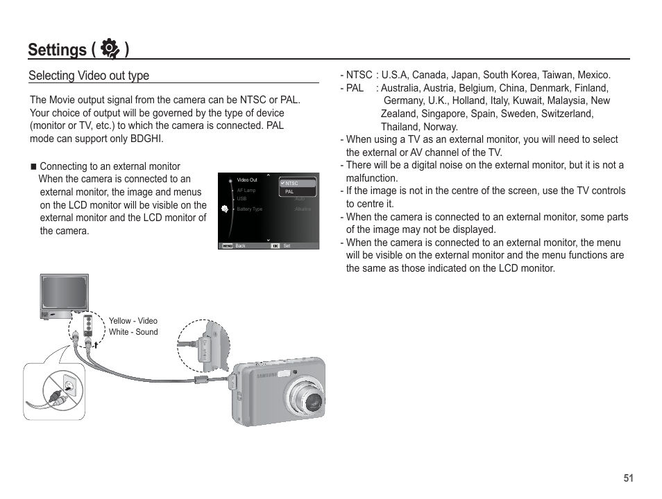 Settings ( ” ), Selecting video out type | Samsung EC-SL30ZBBA-US User Manual | Page 52 / 98