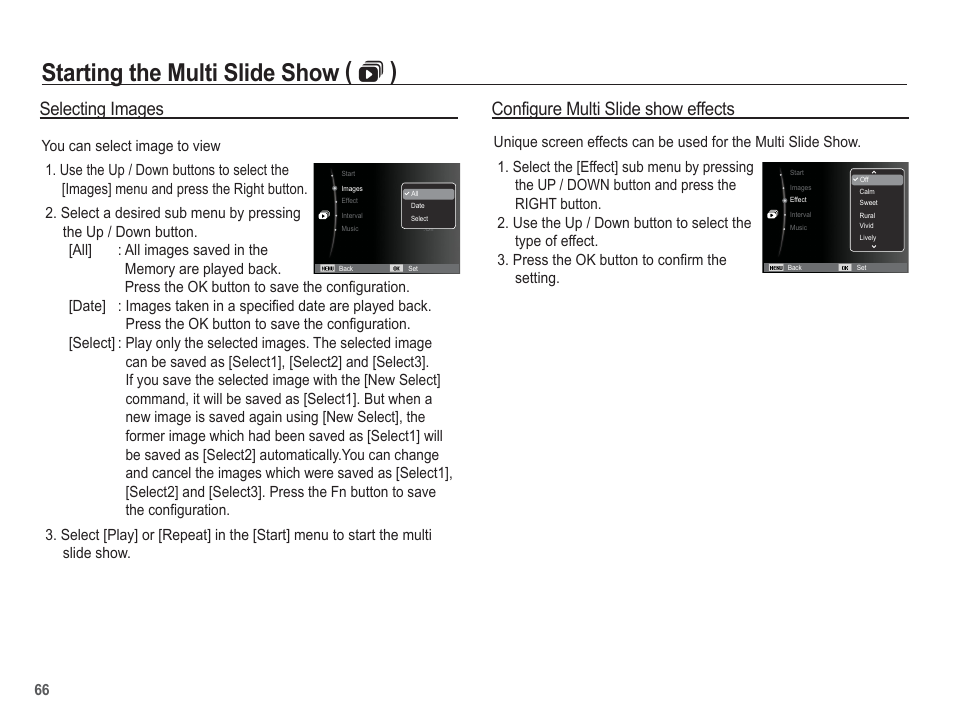 Starting the multi slide show (  ), Selecting images, Configure multi slide show effects | Samsung EC-SL30ZBBA-US User Manual | Page 67 / 98