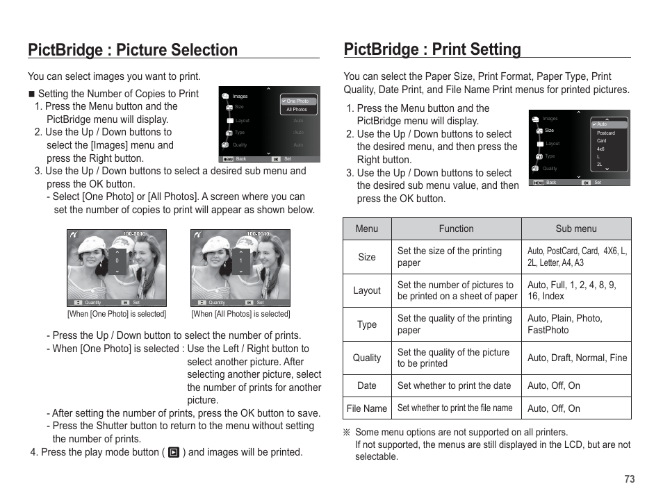 Pictbridge : picture selection, Pictbridge : print setting | Samsung EC-SL30ZBBA-US User Manual | Page 74 / 98