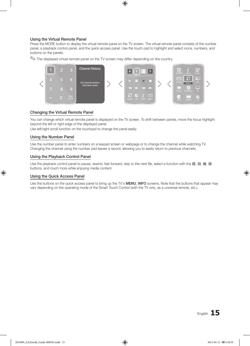 Using the virtual remote panel, Changing the virtual remote panel, Using the number panel | Using the playback control panel, Using the quick access panel | Samsung HG65NB890XFXZA User Manual | Page 15 / 52