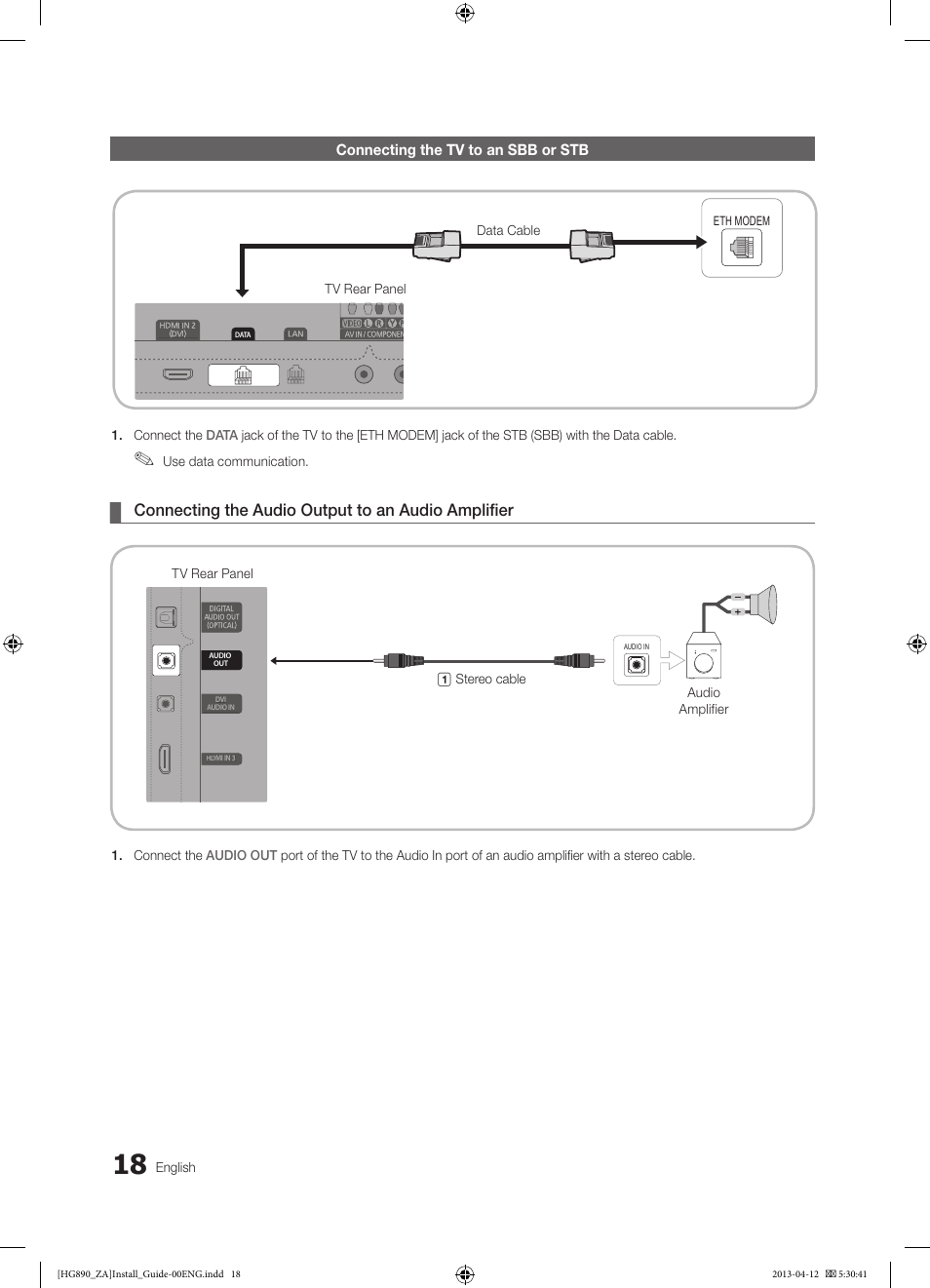 Connecting the audio output to an audio amplifier | Samsung HG65NB890XFXZA User Manual | Page 18 / 52