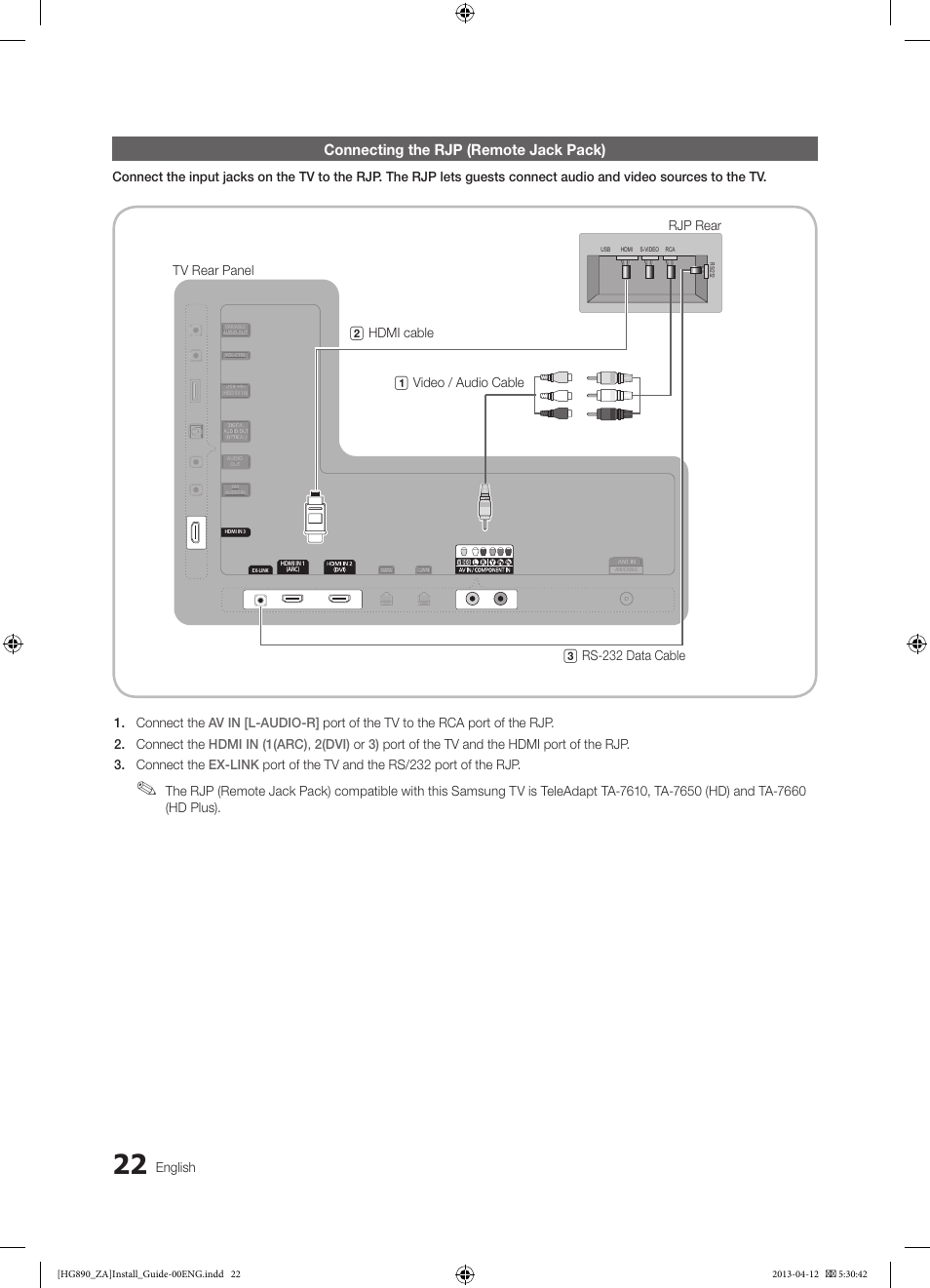 Connecting the rjp (remote jack pack), English | Samsung HG65NB890XFXZA User Manual | Page 22 / 52