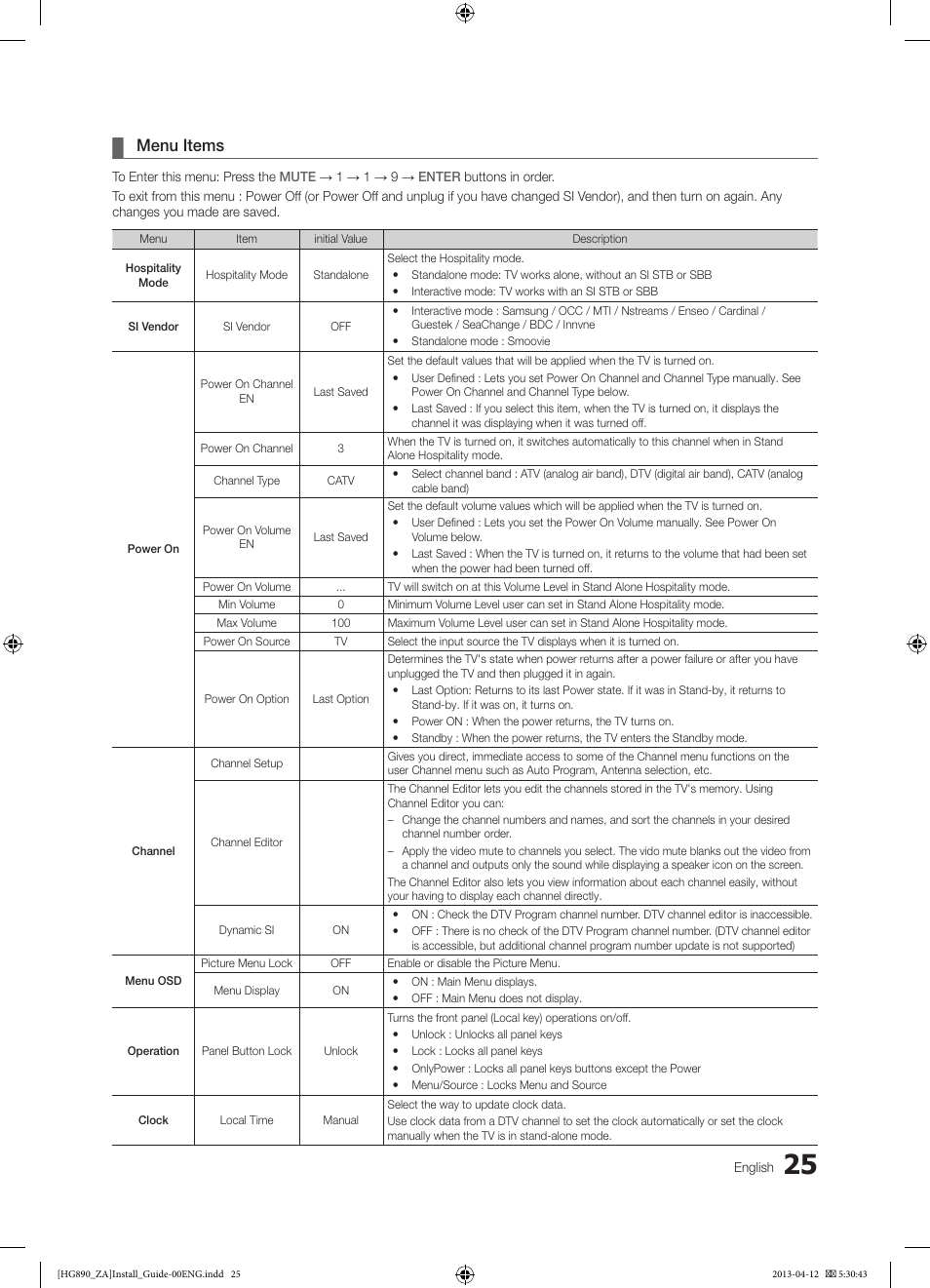 Menu items | Samsung HG65NB890XFXZA User Manual | Page 25 / 52