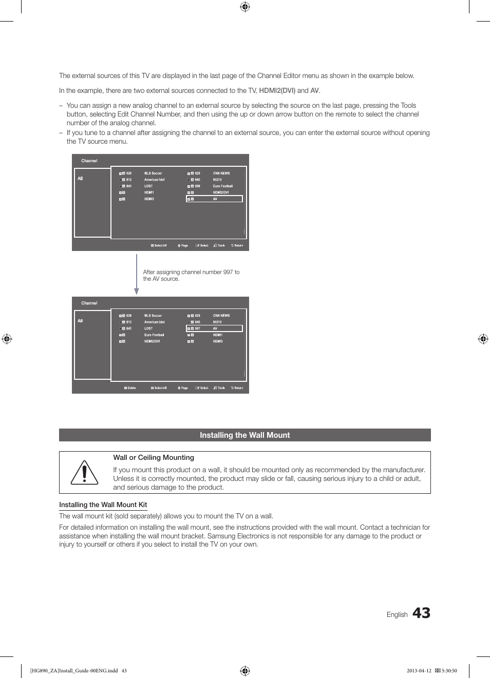 Installing the wall mount | Samsung HG65NB890XFXZA User Manual | Page 43 / 52