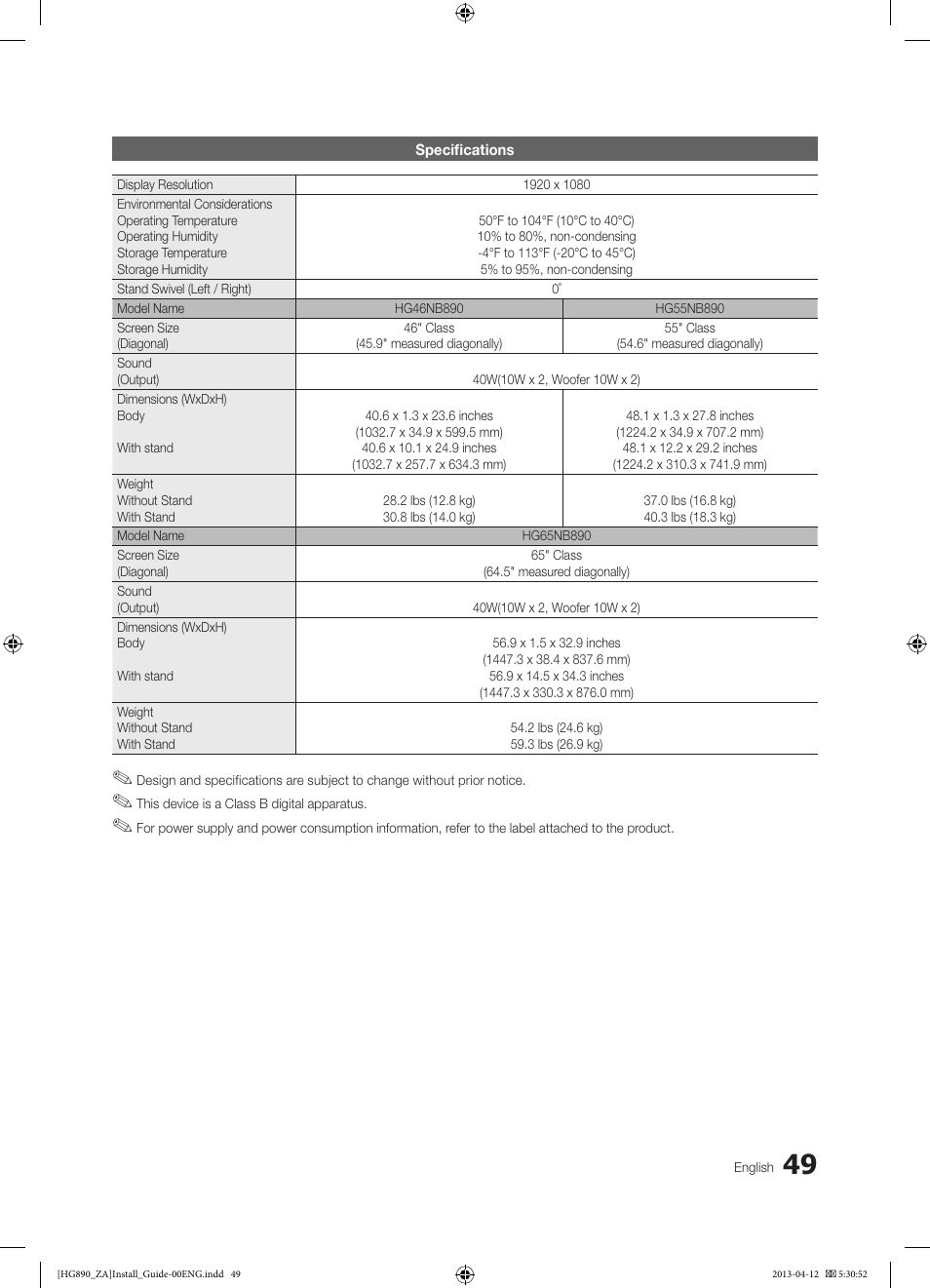 Samsung HG65NB890XFXZA User Manual | Page 49 / 52