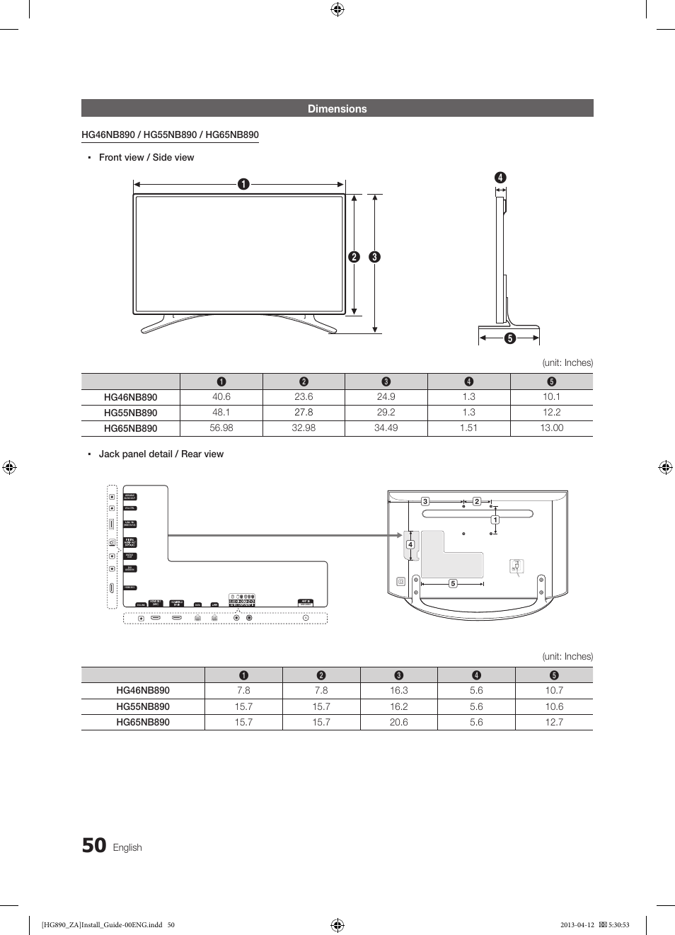 Dimensions | Samsung HG65NB890XFXZA User Manual | Page 50 / 52