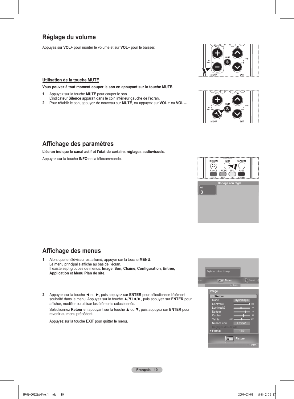 Réglage du volume, Affichage des paramètres, Affichage des menus | Utilisation de la touche mute | Samsung HLT5087SAX-XAA User Manual | Page 102 / 236