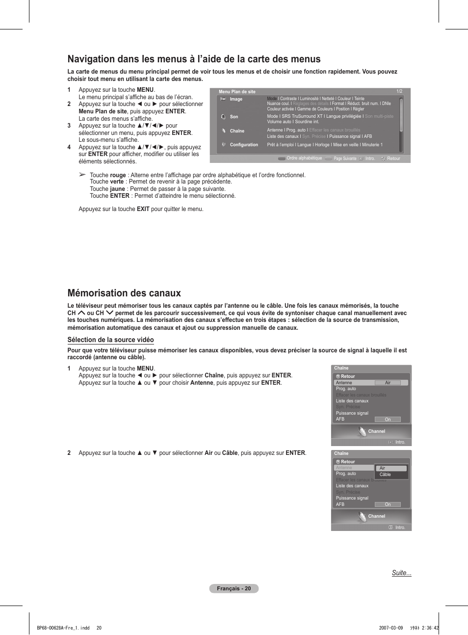 Mémorisation des canaux, Sélection de la source vidéo, Suite | Samsung HLT5087SAX-XAA User Manual | Page 103 / 236