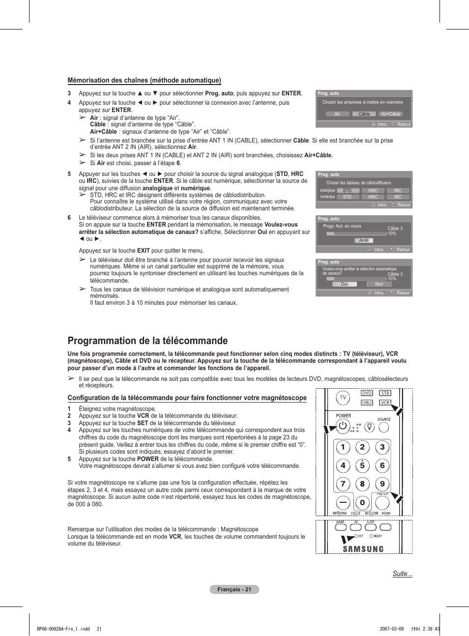 Programmation de la télécommande | Samsung HLT5087SAX-XAA User Manual | Page 104 / 236