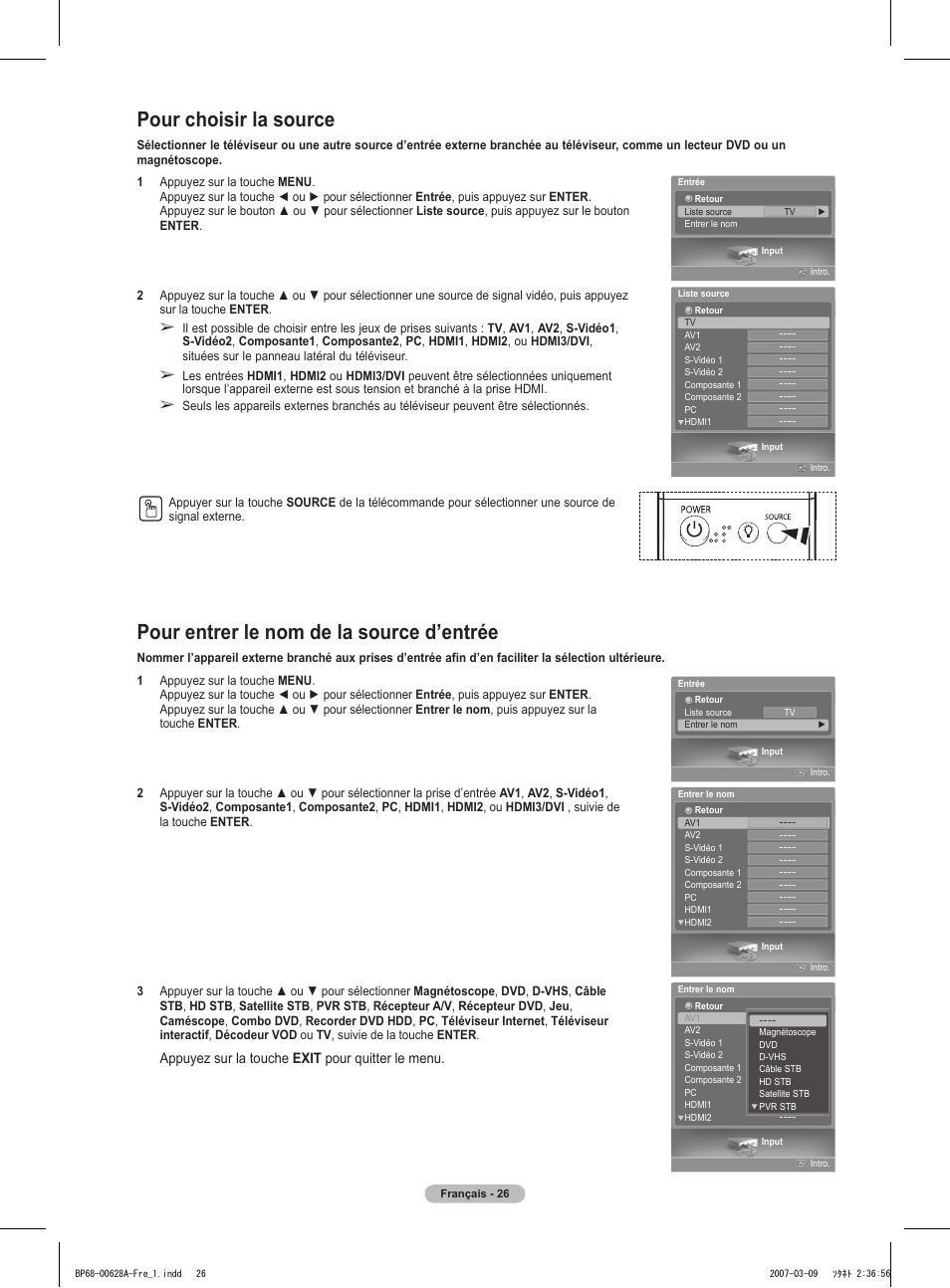 Pour choisir la source, Pour entrer le nom de la source d’entrée, Appuyez sur la touche exit pour quitter le menu | Samsung HLT5087SAX-XAA User Manual | Page 109 / 236