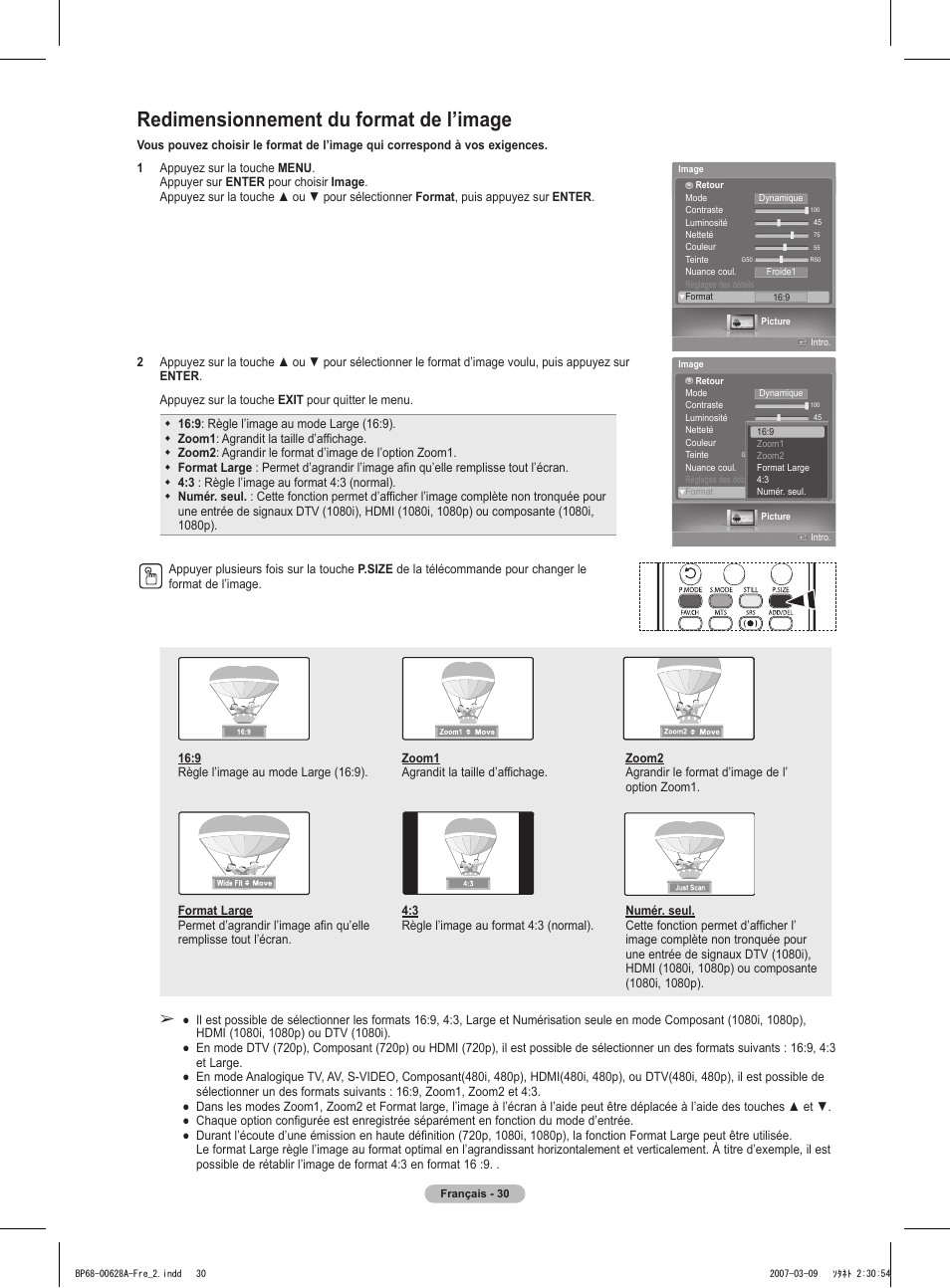 Redimensionnement du format de l’image | Samsung HLT5087SAX-XAA User Manual | Page 113 / 236