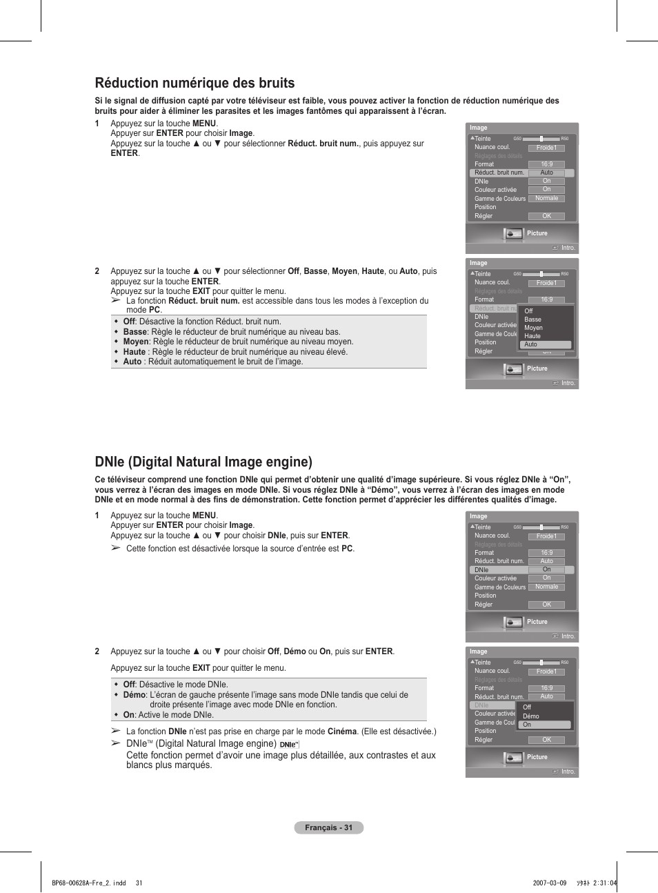 Réduction numérique des bruits, Dnie (digital natural image engine), Dnie | Digital natural image engine) | Samsung HLT5087SAX-XAA User Manual | Page 114 / 236