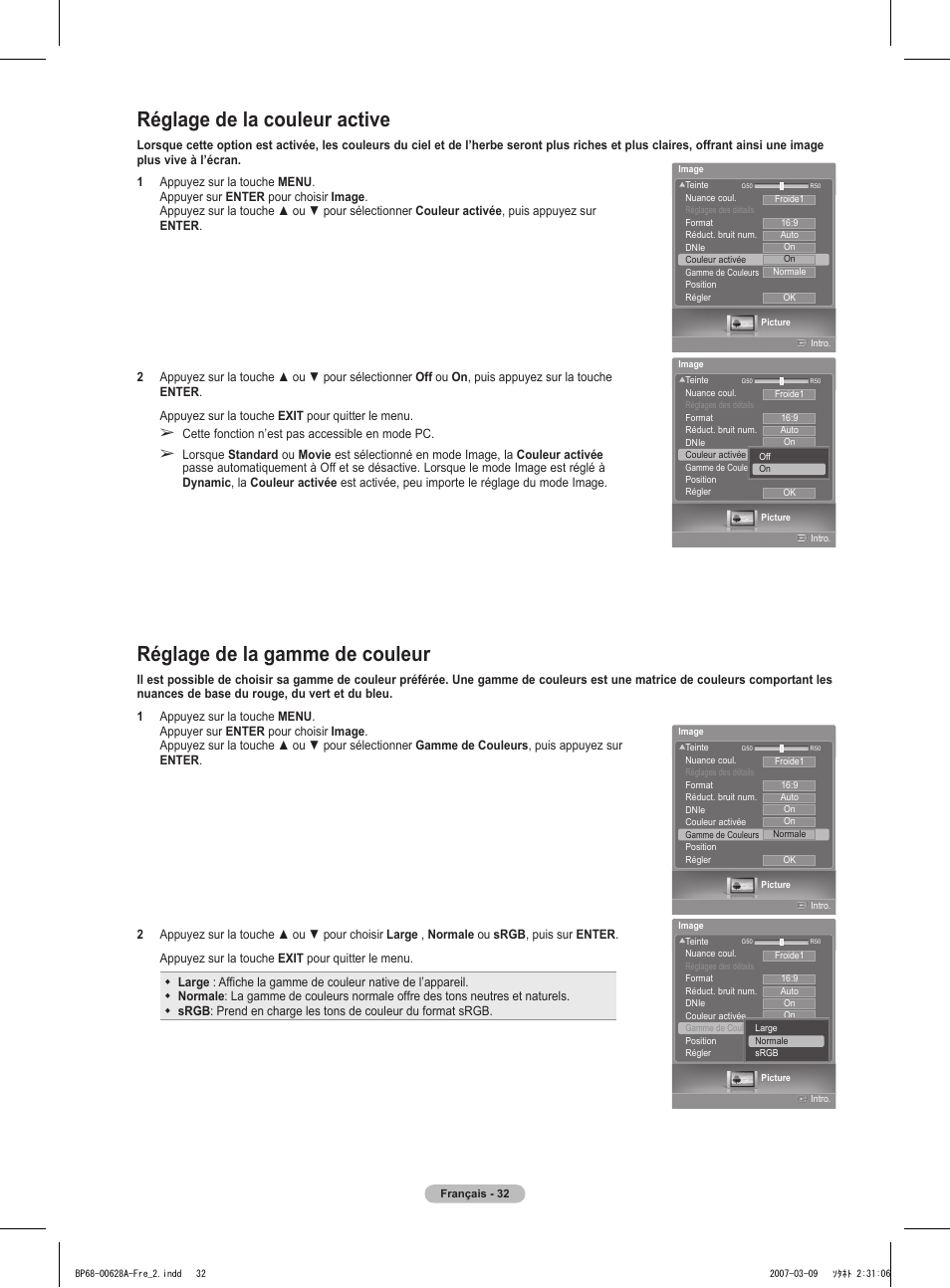 Réglage de la gamme de couleur, Réglage de la couleur active | Samsung HLT5087SAX-XAA User Manual | Page 115 / 236