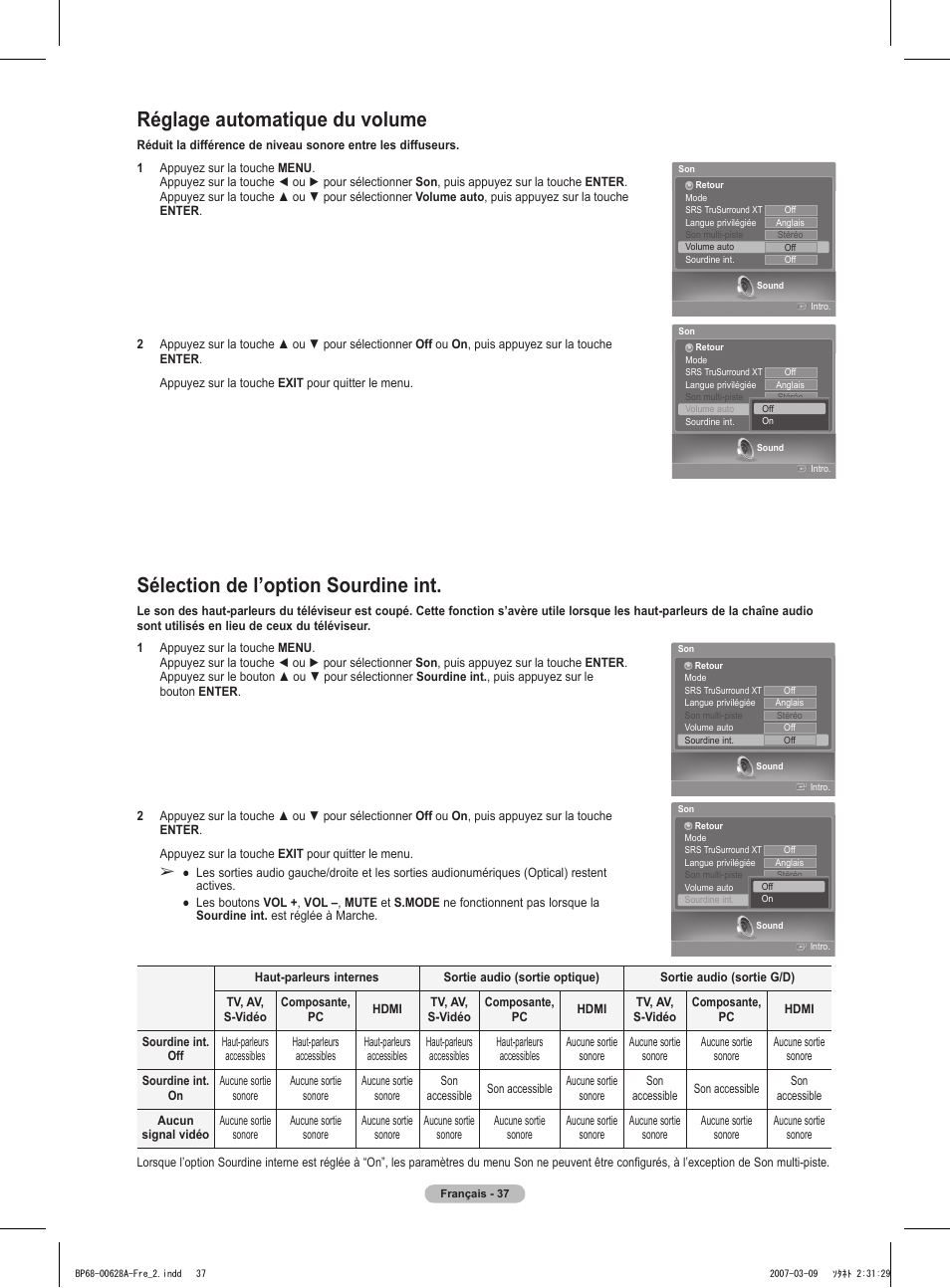 Réglage automatique du volume, Sélection de l’option sourdine int | Samsung HLT5087SAX-XAA User Manual | Page 120 / 236