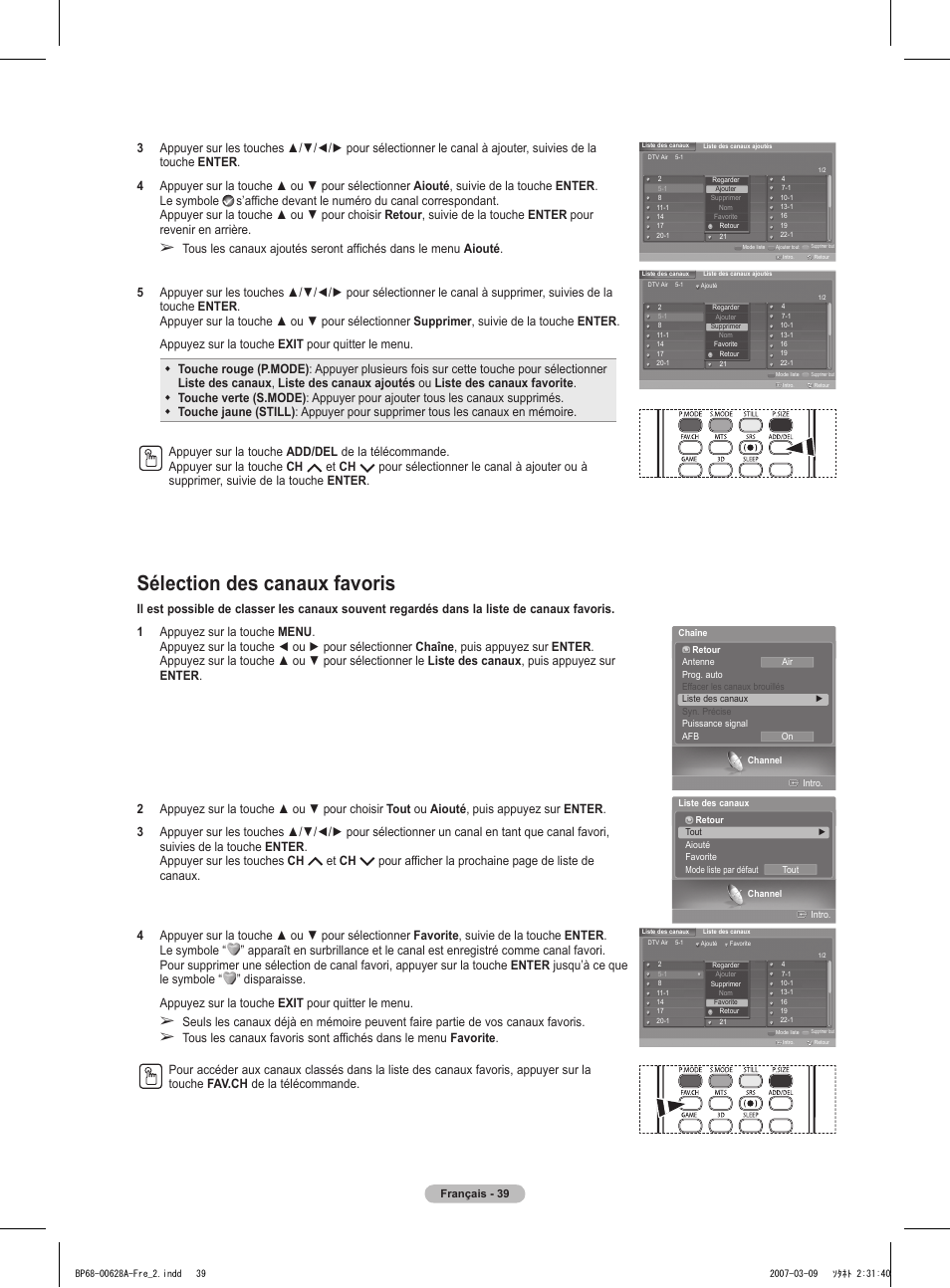 Sélection des canaux favoris | Samsung HLT5087SAX-XAA User Manual | Page 122 / 236