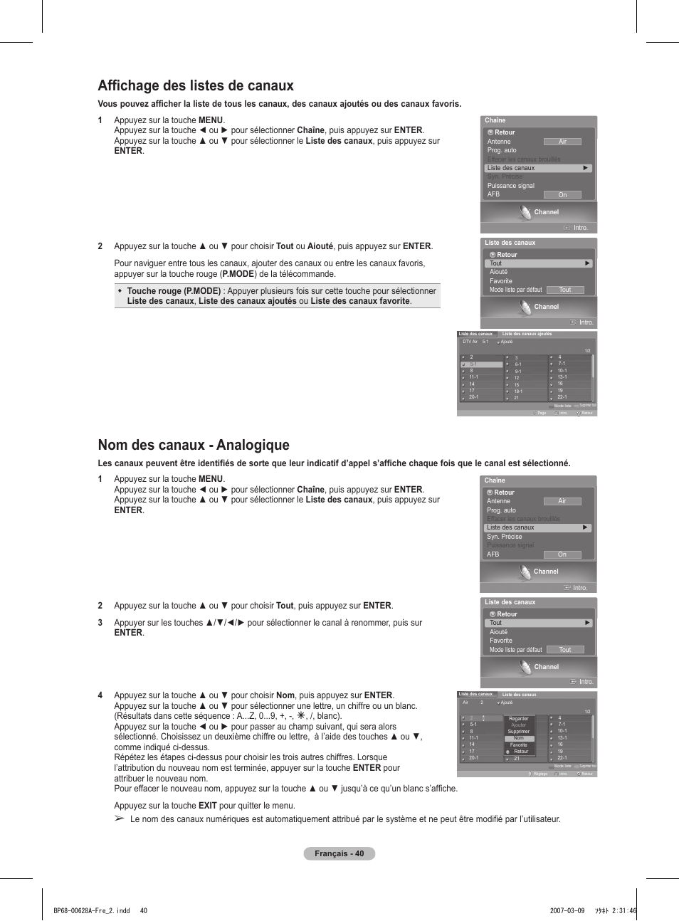 Nom des canaux - analogique, Affichage des listes de canaux | Samsung HLT5087SAX-XAA User Manual | Page 123 / 236