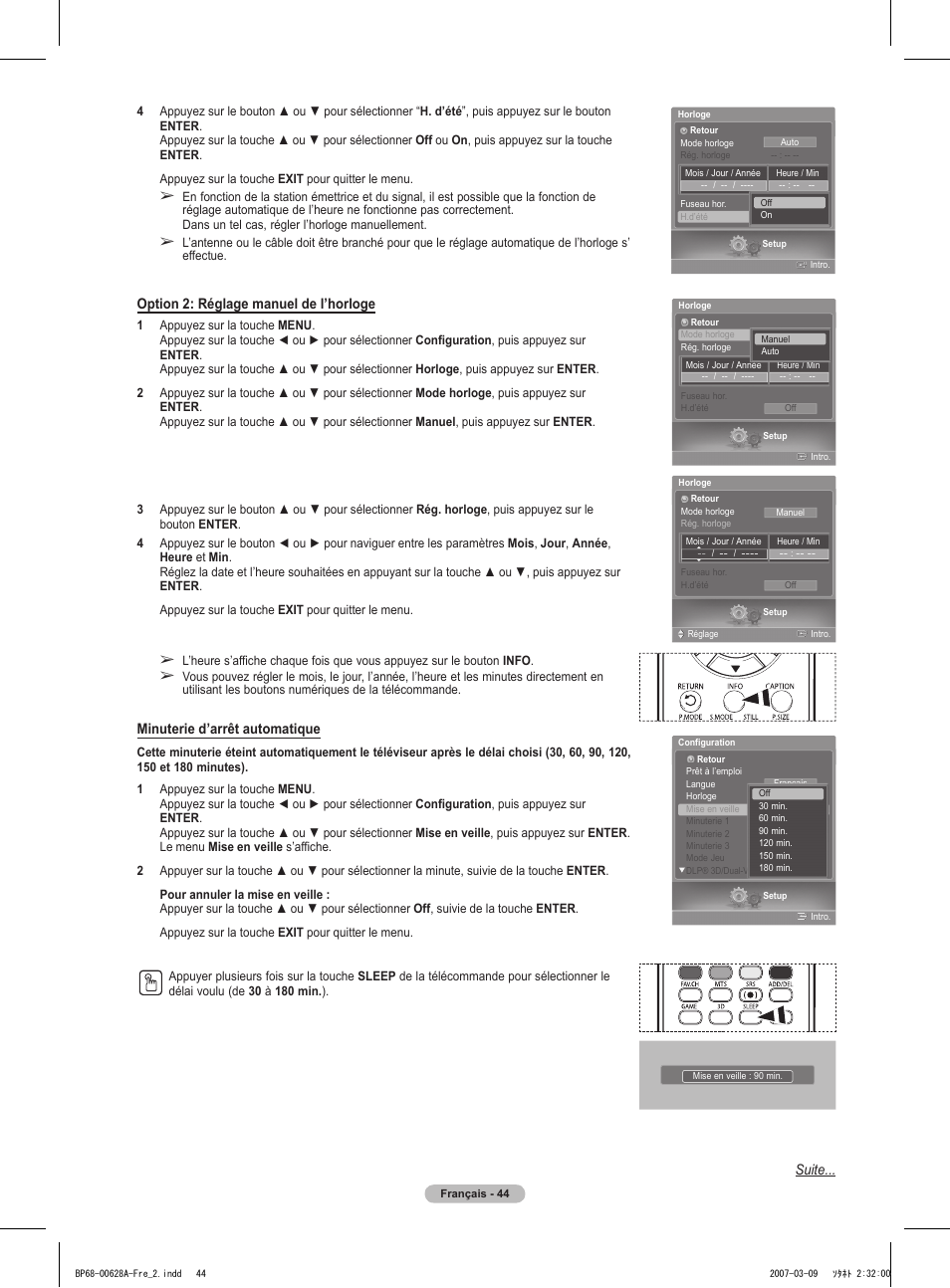 Suite, Option 2: réglage manuel de l’horloge, Minuterie d’arrêt automatique | Samsung HLT5087SAX-XAA User Manual | Page 127 / 236