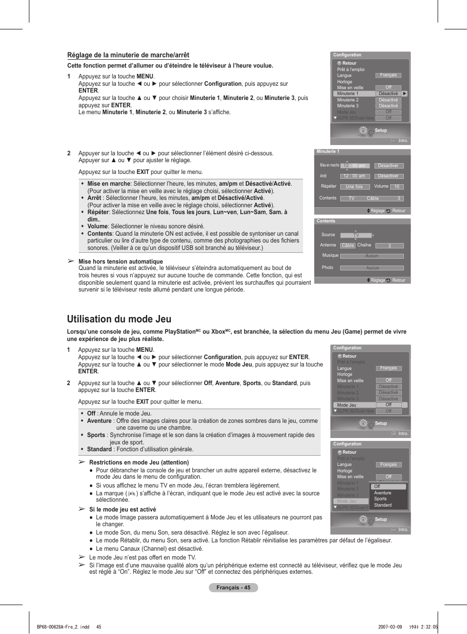 Utilisation du mode jeu | Samsung HLT5087SAX-XAA User Manual | Page 128 / 236