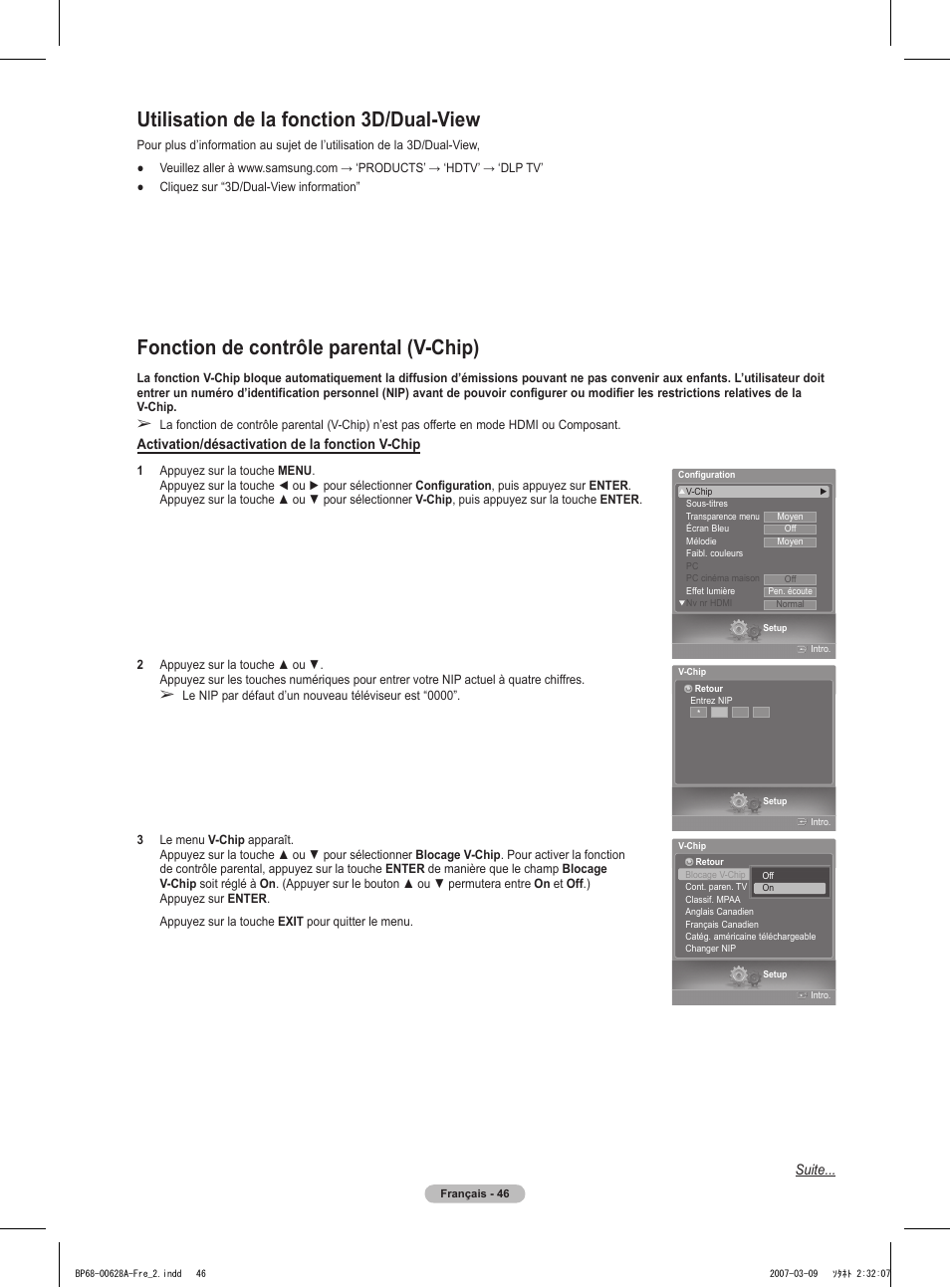 Fonction de contrôle parental (v-chip), Utilisation de la fonction 3d/dual-view | Samsung HLT5087SAX-XAA User Manual | Page 129 / 236