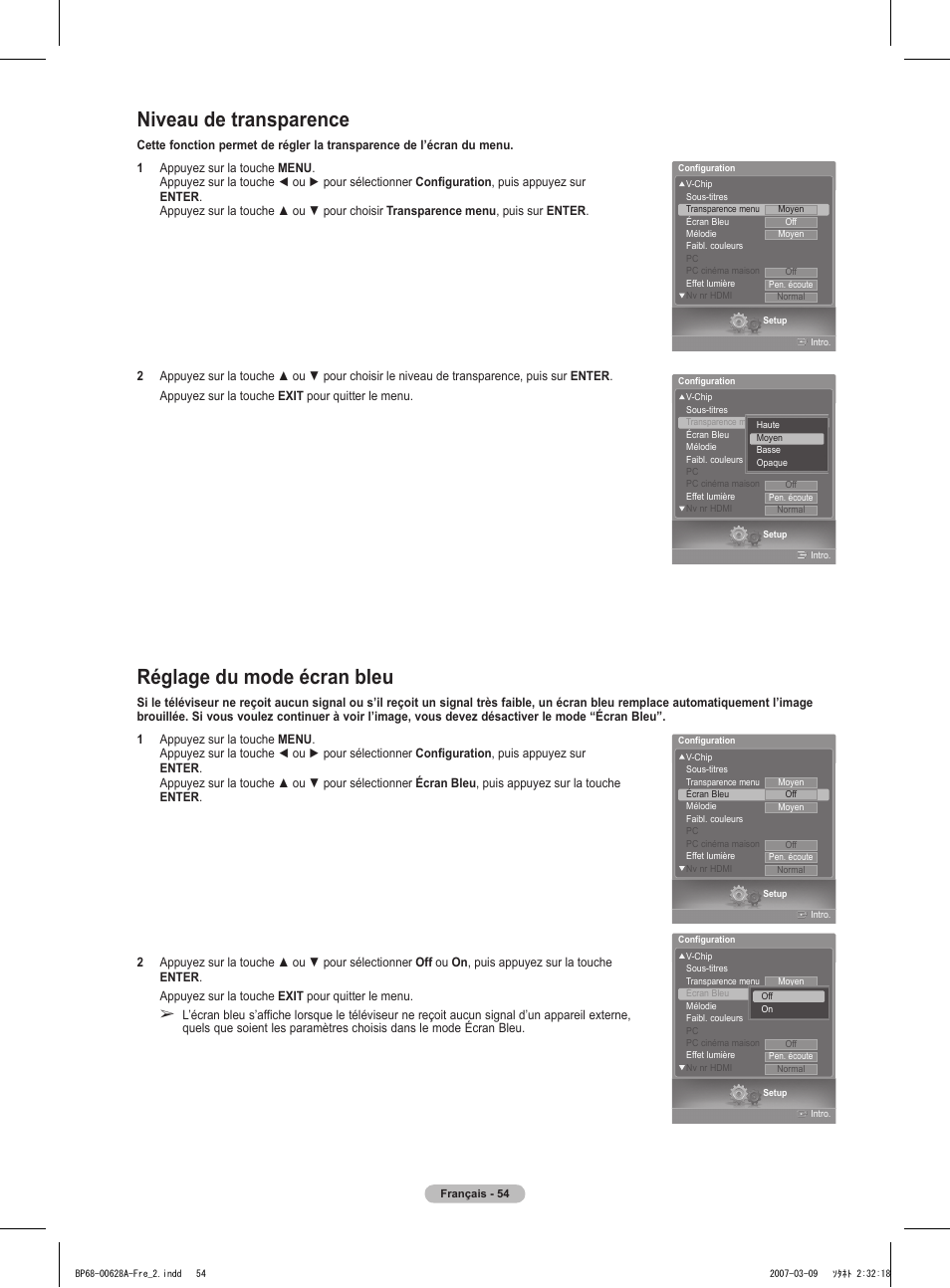 Niveau de transparence, Réglage du mode écran bleu | Samsung HLT5087SAX-XAA User Manual | Page 137 / 236