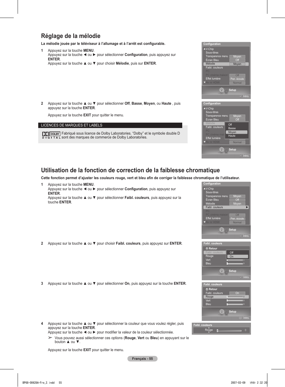 Réglage de la mélodie | Samsung HLT5087SAX-XAA User Manual | Page 138 / 236