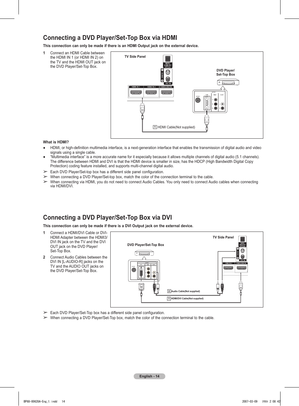 Connecting a dvd player/set-top box via hdmi, Connecting a dvd player/set-top box via dvi | Samsung HLT5087SAX-XAA User Manual | Page 14 / 236