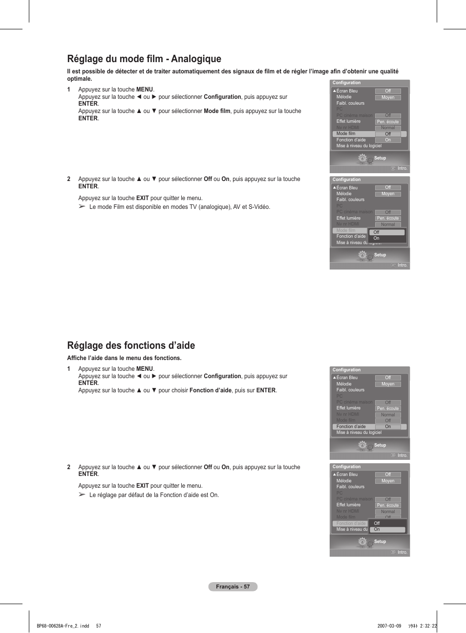 Réglage du mode film - analogique, Réglage des fonctions d’aide | Samsung HLT5087SAX-XAA User Manual | Page 140 / 236