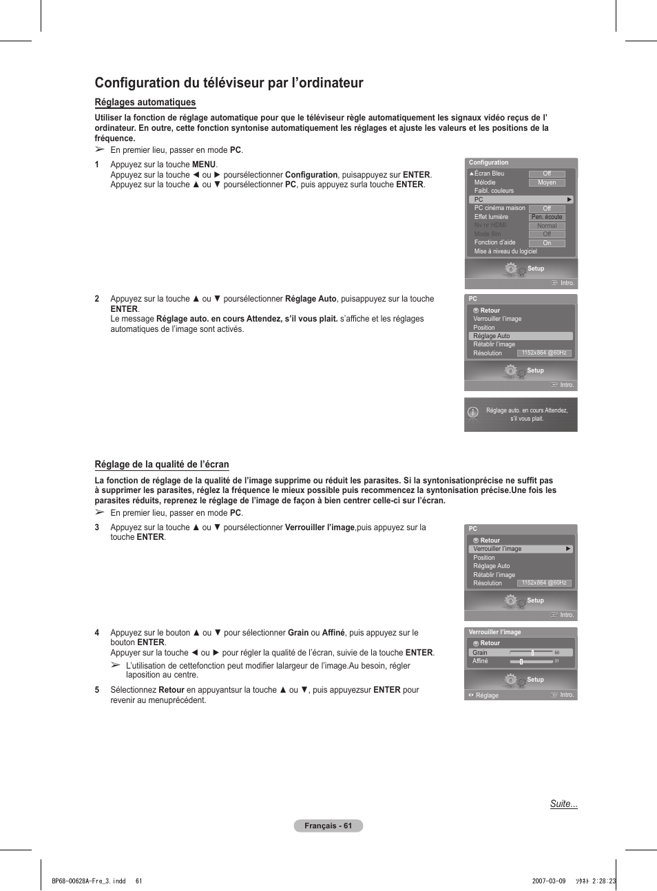 Configuration du téléviseur par l’ordinateur, Réglages automatiques, Réglage de la qualité de l’écran | Suite | Samsung HLT5087SAX-XAA User Manual | Page 144 / 236