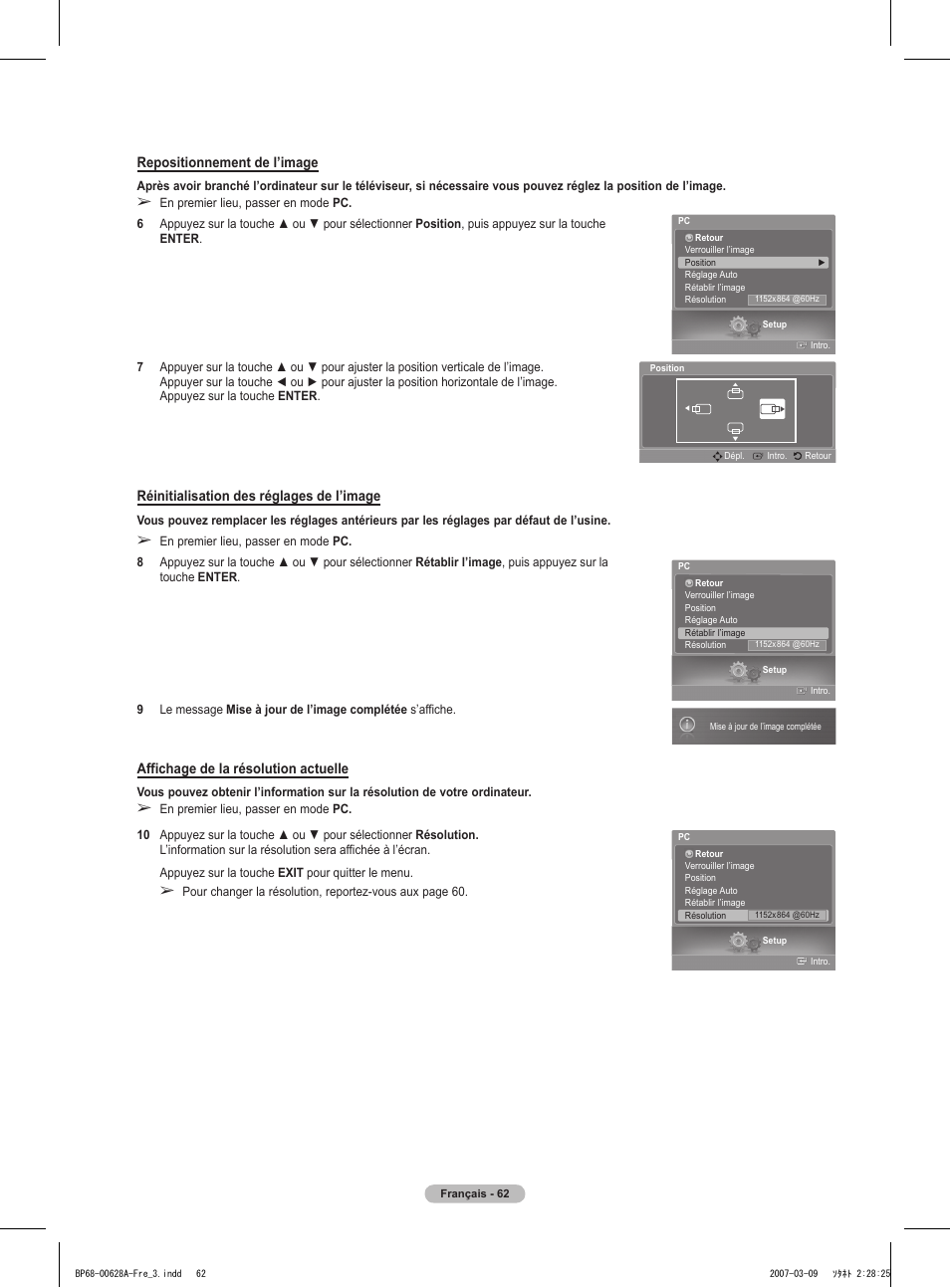 Repositionnement de l’image, Réinitialisation des réglages de l’image, Affichage de la résolution actuelle | Samsung HLT5087SAX-XAA User Manual | Page 145 / 236