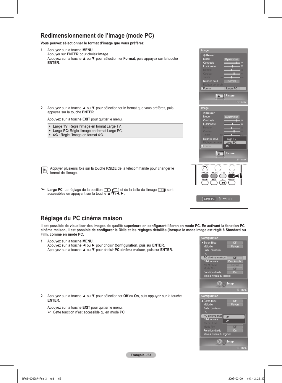 Redimensionnement de l’image (mode pc), Réglage du pc cinéma maison | Samsung HLT5087SAX-XAA User Manual | Page 146 / 236