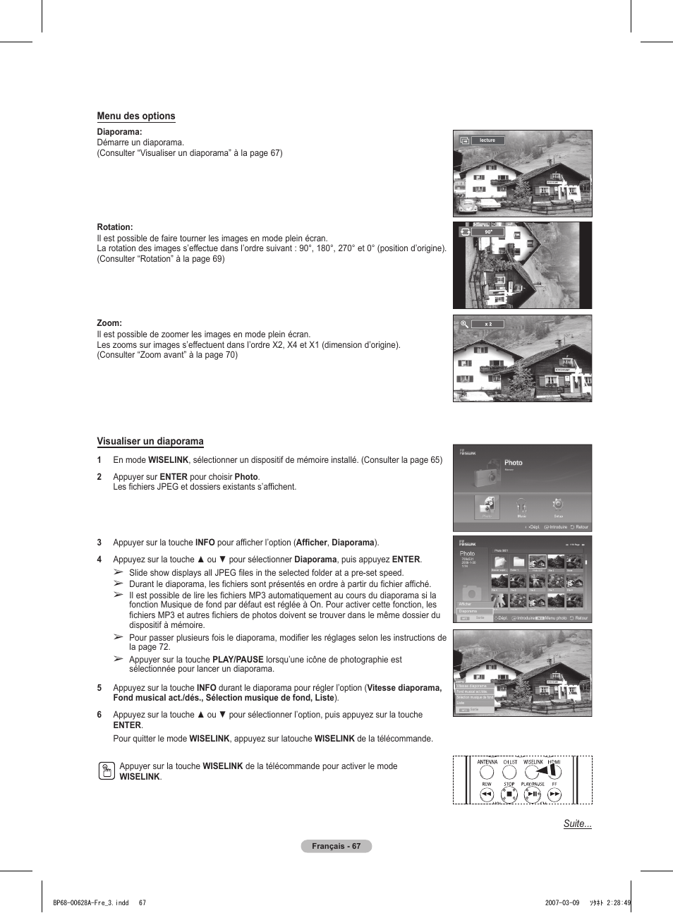 Menu des options, Visualiser un diaporama, Suite | Samsung HLT5087SAX-XAA User Manual | Page 150 / 236