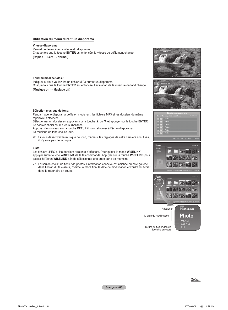 Photo, Utilisation du menu durant un diaporama, Suite | Samsung HLT5087SAX-XAA User Manual | Page 151 / 236